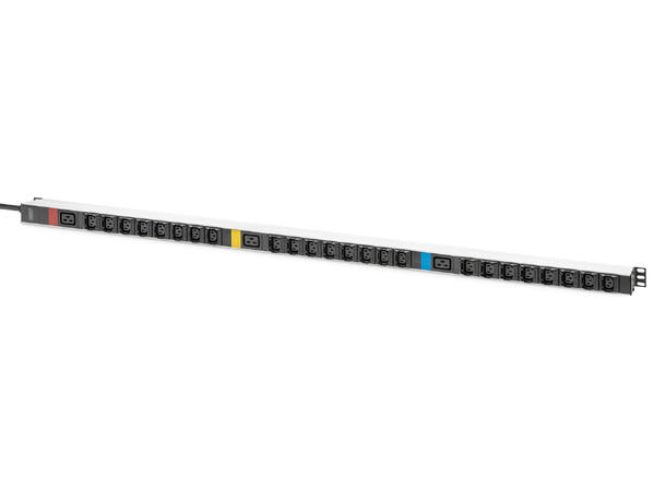 PDU Basic 16A, 3 fas, Vertikal 24xC13, 3xC19, 3m kabel, IEC 60309 