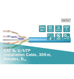 Kat 6a U/UTP kabel 500MHz AWG23/1 Blå,Dca,Halogenfri, eske à 305m