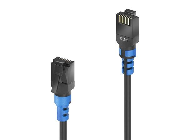 FlexInstall Patchkabel kat6a U/UTP 0.3m Purelink, Sort med blå strekkavlaster 