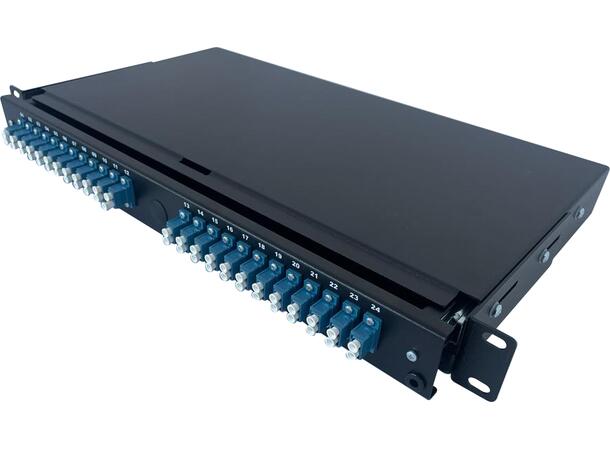 Fiberpanel OS2 inkl 24dx LC, sort Teleskop,montert 48xPigtail+skjøtebrett 