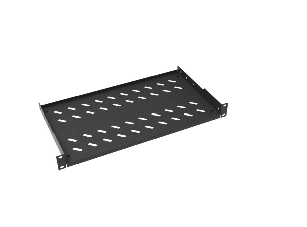 Hylle 19" frontmontert 20 cm dybde, 1U Sort, maks 30 kg 