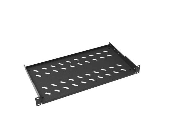 Hylle 19" frontmontert 25 cm dybde, 1U Sort, maks 30 kg 